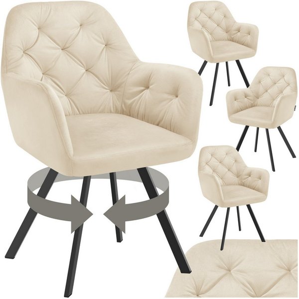 tectake Esszimmerstuhl Samt-Armlehnstuhl gepolstert, mit Steppmuster, 58 x 58 x 87 cm (Bürostuhl Lucia in creme, 4 St), 180° drehbar, Stahlbeine, bodenschonend,