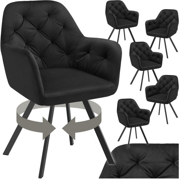 tectake Esszimmerstuhl Samt-Armlehnstuhl gepolstert, mit Steppmuster, 58 x 58 x 87 cm (Bürostuhl Lucia in schwarz, 6 St), 180° drehbar, Stahlbeine, bodenschonen