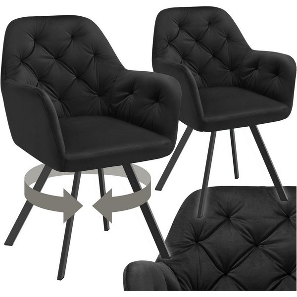 tectake Esszimmerstuhl Samt-Armlehnstuhl gepolstert, mit Steppmuster, 58 x 58 x 87 cm (Bürostuhl Lucia in schwarz, 2 St), 180° drehbar, Stahlbeine, bodenschonen