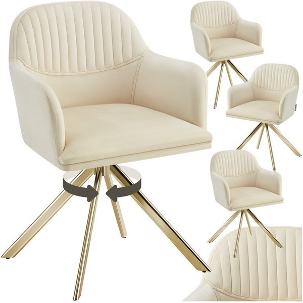 tectake Esszimmerstuhl Samt-Drehstuhl gepolstert, mit durchgehender Lehne, 56 x 59 x 81 cm (Bürostuhl Lona in creme/gold, 4 St), 360° drehbar, schlanke Stahlbei