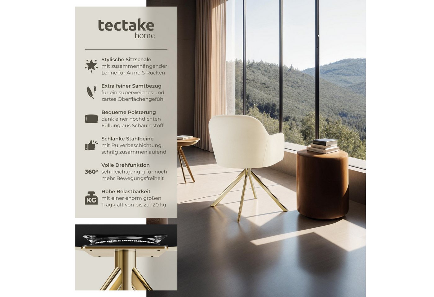 tectake Esszimmerstuhl Samt-Drehstuhl gepolstert, mit durchgehender Lehne, 56 x 59 x 81 cm (Bürostuhl Lona in creme/gold, 4 St), 360° drehbar, schlanke Stahlbei – Bild 2 von 5