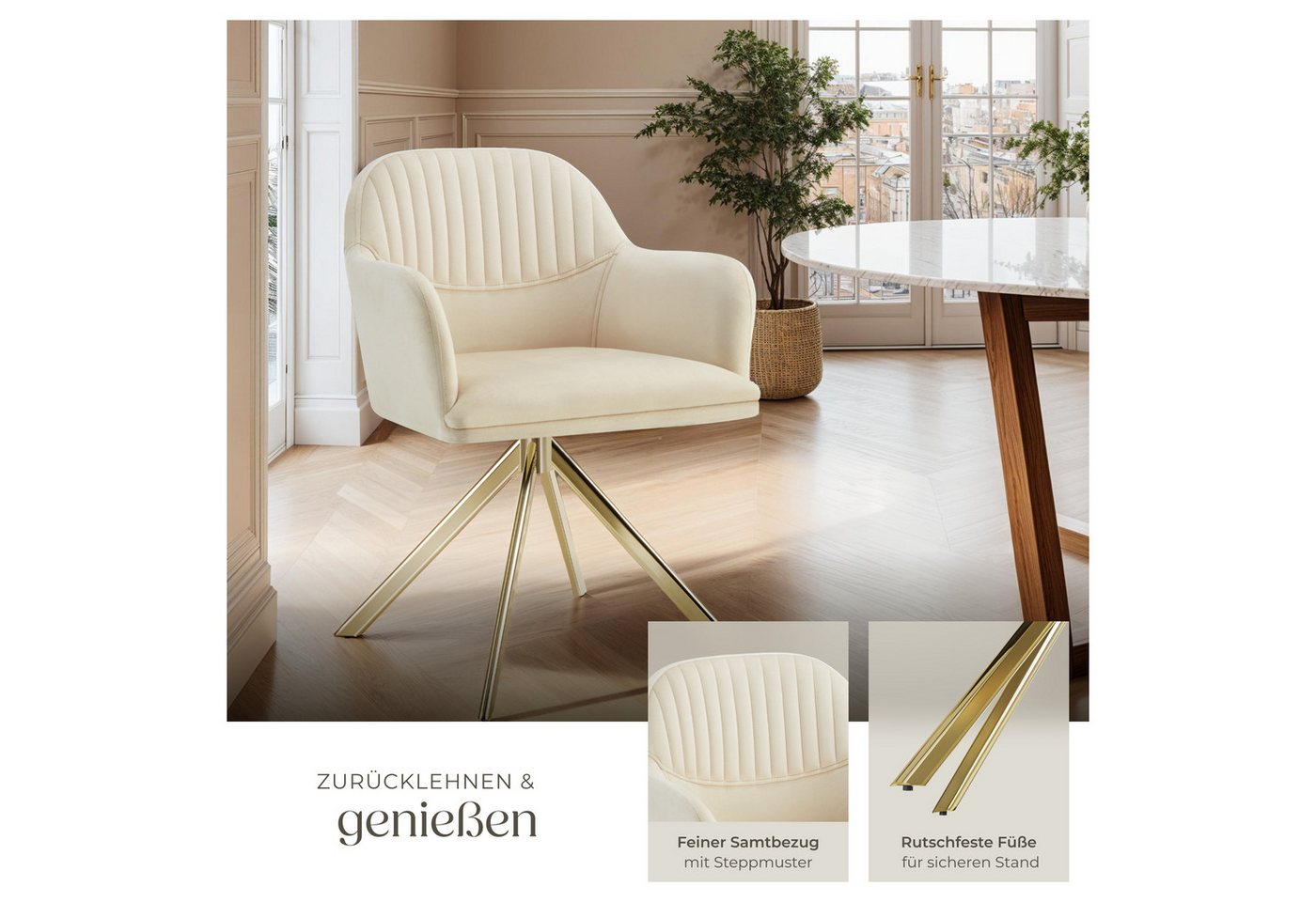 tectake Esszimmerstuhl Samt-Drehstuhl gepolstert, mit durchgehender Lehne, 56 x 59 x 81 cm (Bürostuhl Lona in creme/gold, 4 St), 360° drehbar, schlanke Stahlbei – Bild 4 von 5
