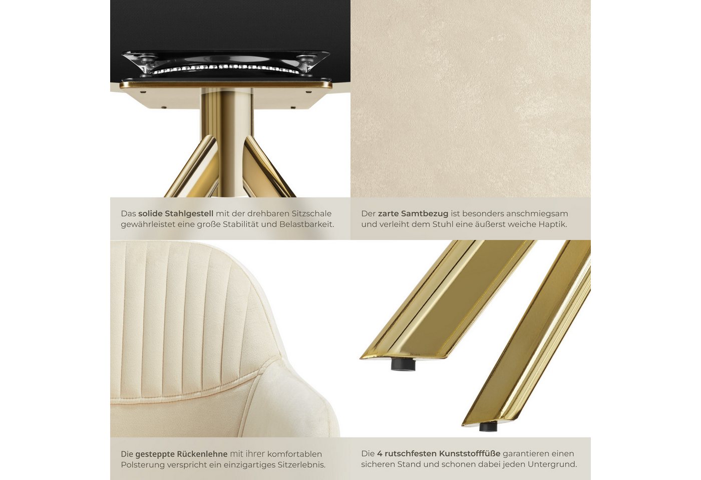 tectake Esszimmerstuhl Samt-Drehstuhl gepolstert, mit durchgehender Lehne, 56 x 59 x 81 cm (Bürostuhl Lona in creme/gold, 4 St), 360° drehbar, schlanke Stahlbei – Bild 5 von 5