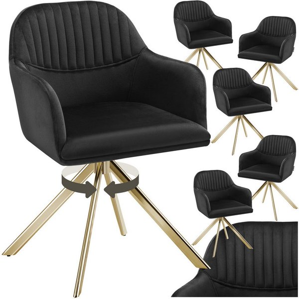 tectake Esszimmerstuhl Samt-Drehstuhl gepolstert, mit durchgehender Lehne, 56 x 59 x 81 cm (Bürostuhl Lona in schwarz/gold, 6 St), 360° drehbar, schlanke Stahlb