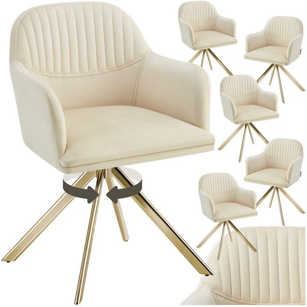 tectake Esszimmerstuhl Samt-Drehstuhl gepolstert, mit durchgehender Lehne, 56 x 59 x 81 cm (Bürostuhl Lona in creme/gold, 6 St), 360° drehbar, schlanke Stahlbei