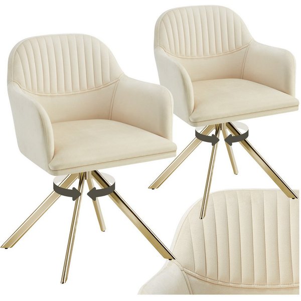 tectake Esszimmerstuhl Samt-Drehstuhl gepolstert, mit durchgehender Lehne, 56 x 59 x 81 cm (Bürostuhl Lona in creme/gold, 2 St), 360° drehbar, schlanke Stahlbei