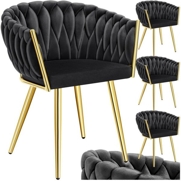 tectake Esszimmerstuhl Samtstuhl gepolstert, mit Samtbezug, Knotendesign, 60,5 x 55 x 75 cm (Polsterstuhl Astano in schwarz/gold, 4 St), Stahlbeine, höhenverste