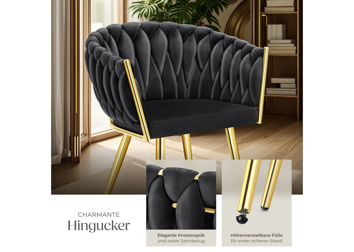 tectake Esszimmerstuhl Samtstuhl gepolstert, mit Samtbezug, Knotendesign, 60,5 x 55 x 75 cm (Polsterstuhl Astano in schwarz/gold, 4 St), Stahlbeine, höhenverste – Bild 4 von 5