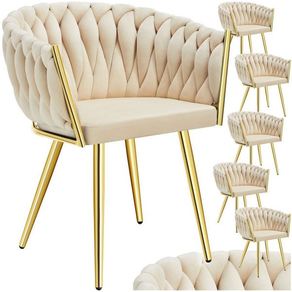 tectake Esszimmerstuhl Samtstuhl gepolstert, mit Samtbezug, Knotendesign, 60,5 x 55 x 75 cm (Polsterstuhl Astano in sandfarben/gold, 6 St), Stahlbeine, höhenver