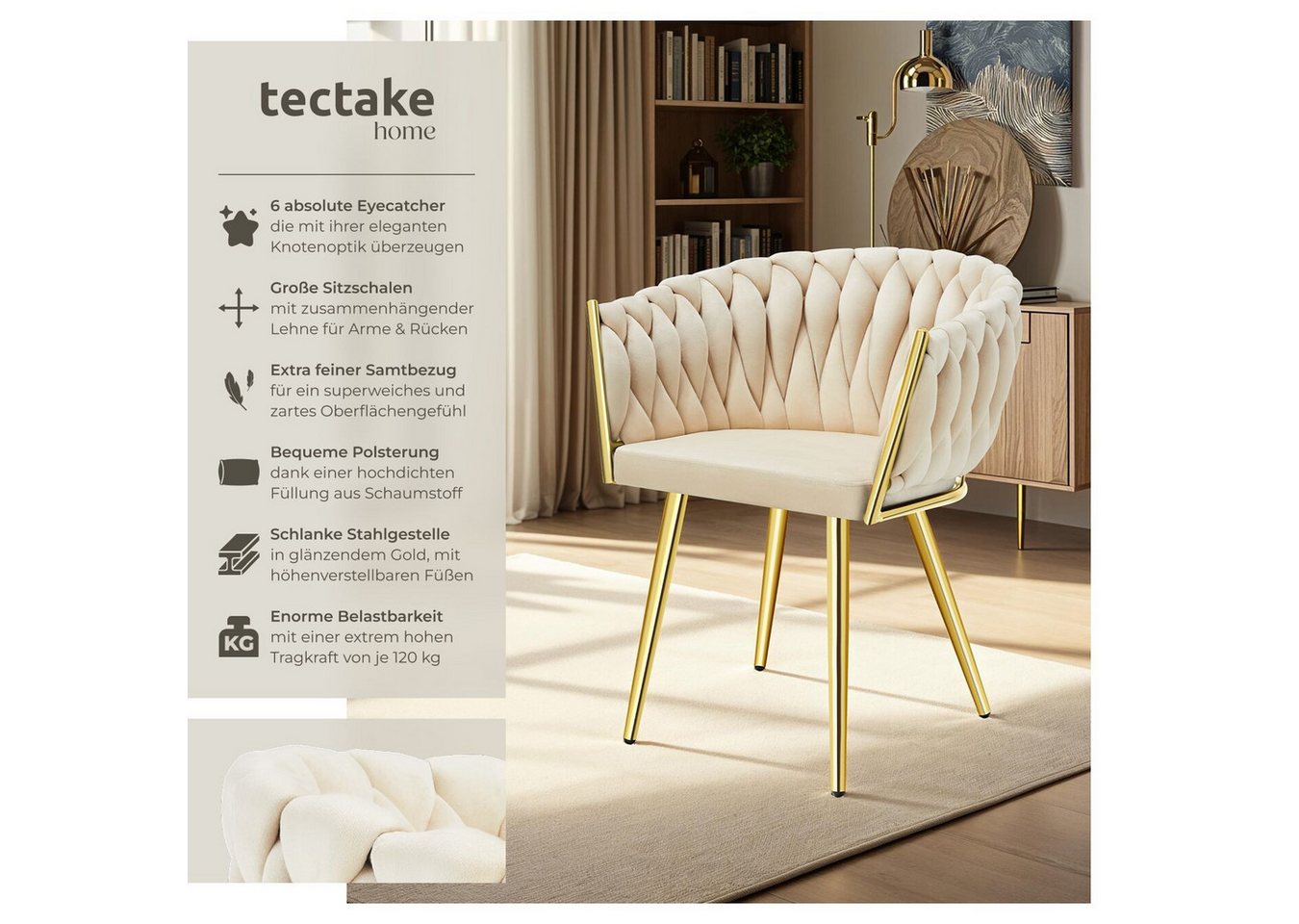 tectake Esszimmerstuhl Samtstuhl gepolstert, mit Samtbezug, Knotendesign, 60,5 x 55 x 75 cm (Polsterstuhl Astano in sandfarben/gold, 6 St), Stahlbeine, höhenver – Bild 2 von 5