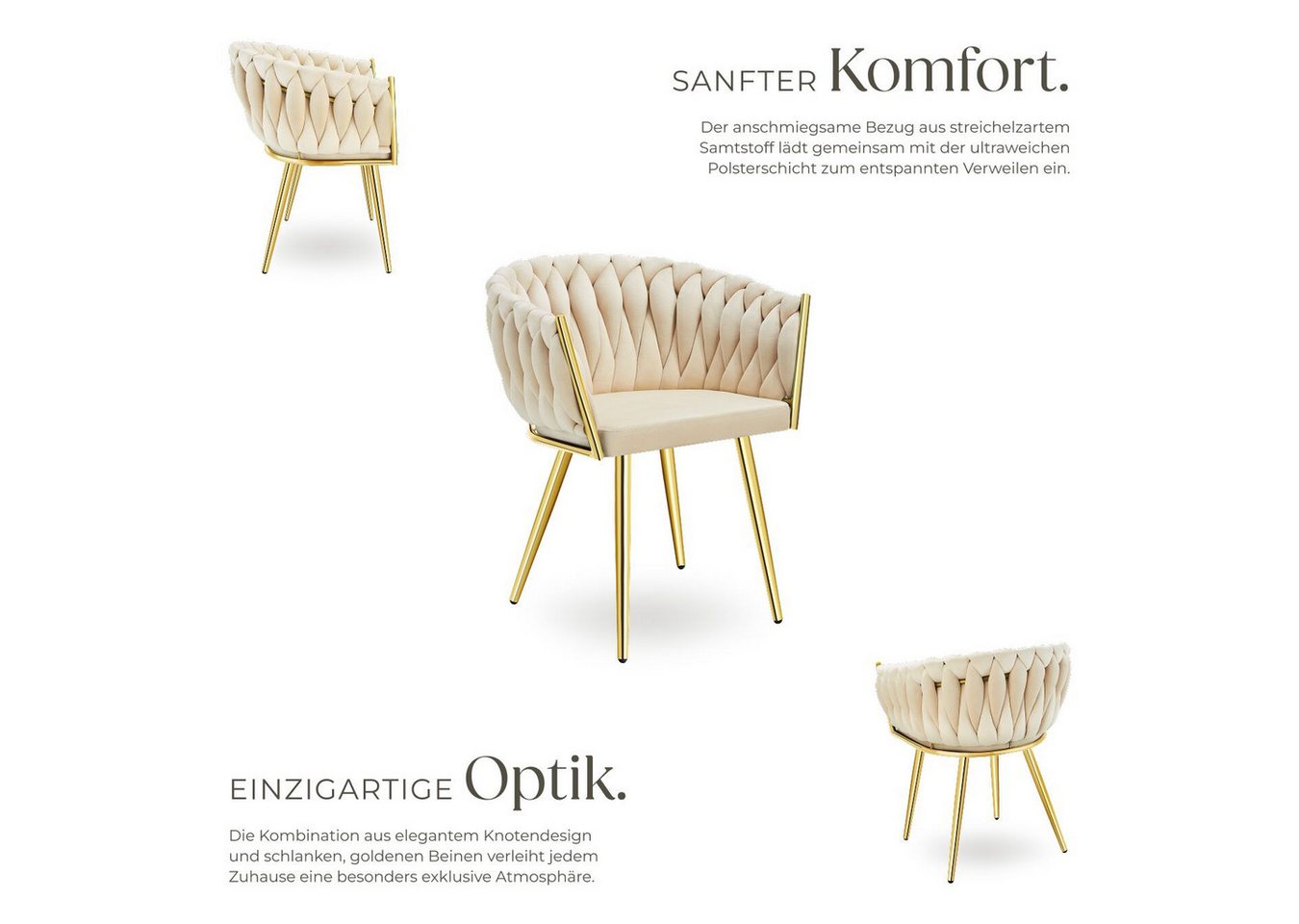 tectake Esszimmerstuhl Samtstuhl gepolstert, mit Samtbezug, Knotendesign, 60,5 x 55 x 75 cm (Polsterstuhl Astano in sandfarben/gold, 6 St), Stahlbeine, höhenver – Bild 3 von 5