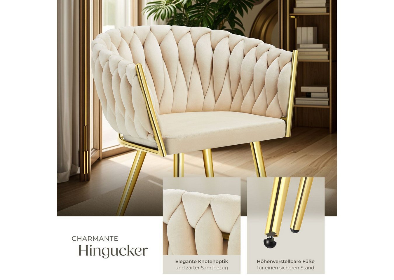 tectake Esszimmerstuhl Samtstuhl gepolstert, mit Samtbezug, Knotendesign, 60,5 x 55 x 75 cm (Polsterstuhl Astano in sandfarben/gold, 6 St), Stahlbeine, höhenver – Bild 4 von 5