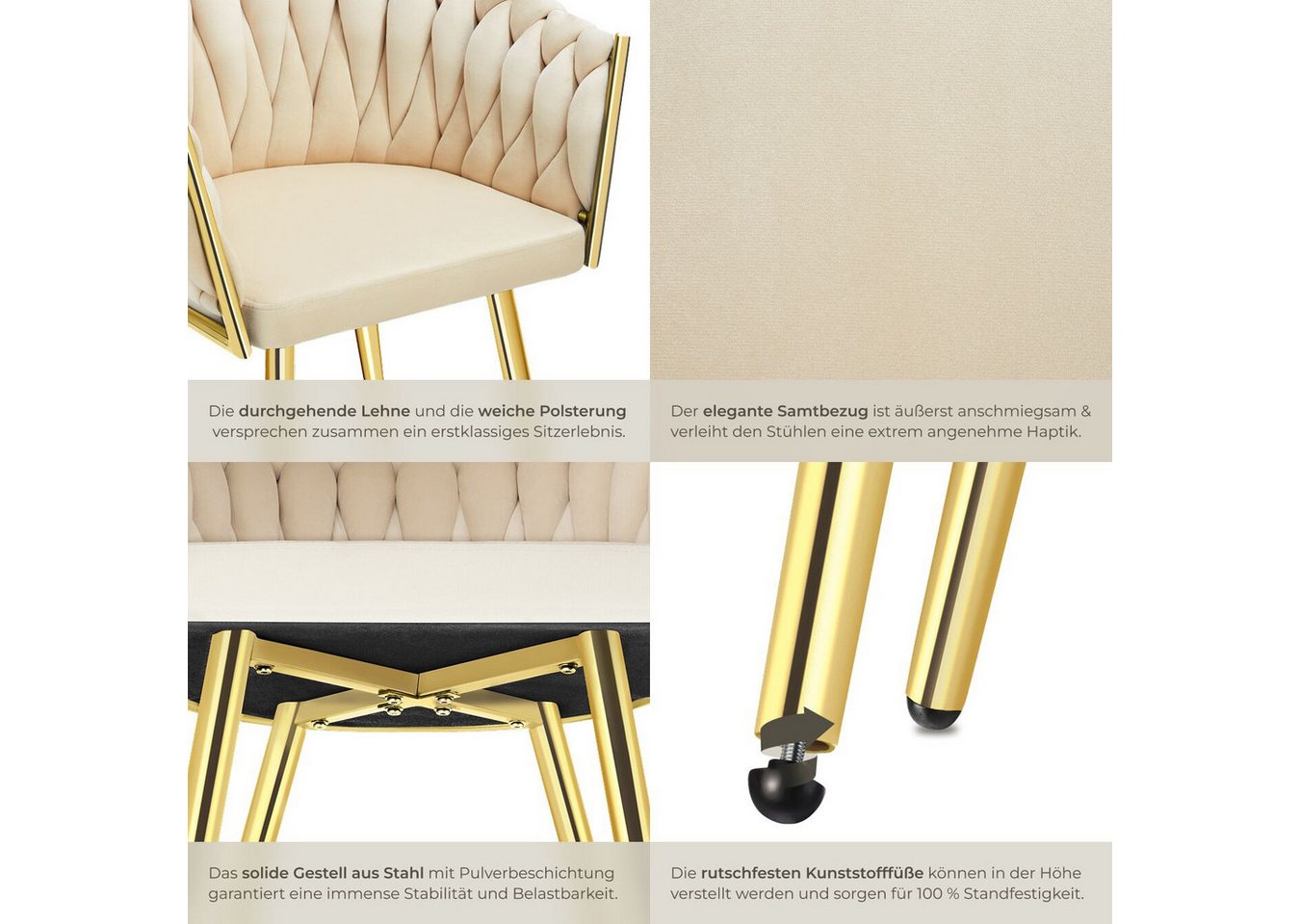 tectake Esszimmerstuhl Samtstuhl gepolstert, mit Samtbezug, Knotendesign, 60,5 x 55 x 75 cm (Polsterstuhl Astano in sandfarben/gold, 6 St), Stahlbeine, höhenver – Bild 5 von 5
