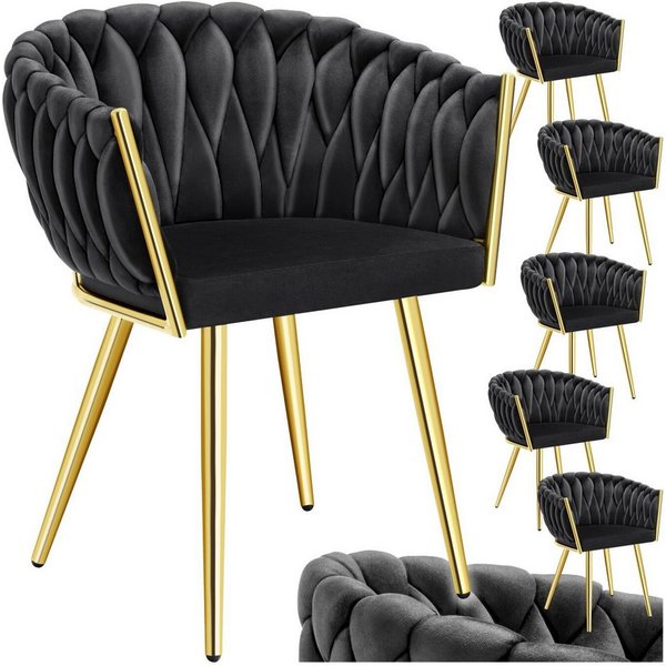 tectake Esszimmerstuhl Samtstuhl gepolstert, mit Samtbezug, Knotendesign, 60,5 x 55 x 75 cm (Polsterstuhl Astano in schwarz/gold, 6 St), Stahlbeine, höhenverste