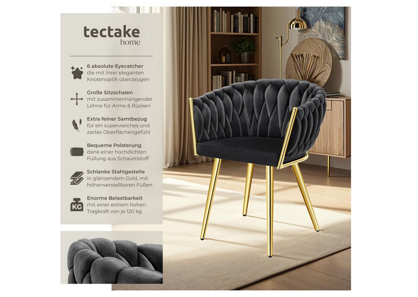 tectake Esszimmerstuhl Samtstuhl gepolstert, mit Samtbezug, Knotendesign, 60,5 x 55 x 75 cm (Polsterstuhl Astano in schwarz/gold, 6 St), Stahlbeine, höhenverste – Bild 2 von 5