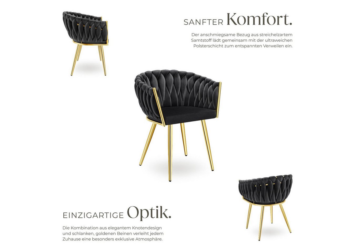 tectake Esszimmerstuhl Samtstuhl gepolstert, mit Samtbezug, Knotendesign, 60,5 x 55 x 75 cm (Polsterstuhl Astano in schwarz/gold, 6 St), Stahlbeine, höhenverste – Bild 3 von 5