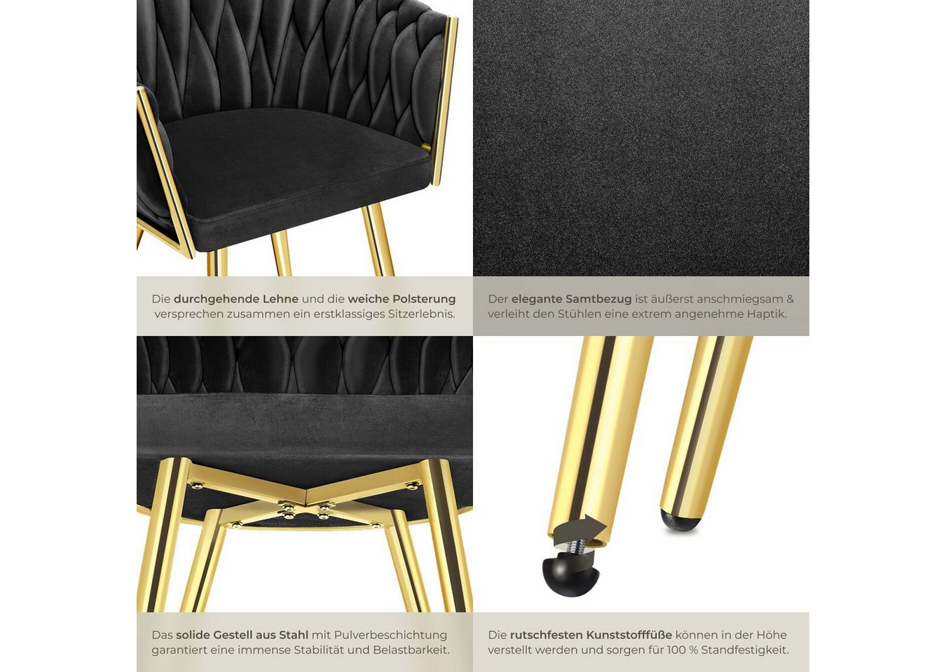 tectake Esszimmerstuhl Samtstuhl gepolstert, mit Samtbezug, Knotendesign, 60,5 x 55 x 75 cm (Polsterstuhl Astano in schwarz/gold, 6 St), Stahlbeine, höhenverste – Bild 5 von 5