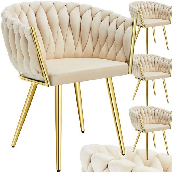 tectake Esszimmerstuhl Samtstuhl gepolstert, mit Samtbezug, Knotendesign, 60,5 x 55 x 75 cm (Polsterstuhl Astano in sandfarben/gold, 4 St), Stahlbeine, höhenver