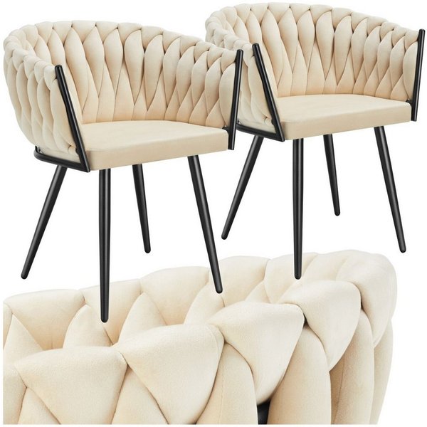 tectake Esszimmerstuhl Samtstuhl gepolstert, mit Samtbezug, Knotendesign, 60,5 x 55 x 75 cm (Wohnzimmerstuhl Astano in Sand, 2 St), Stahlbeine, höhenverstellbar