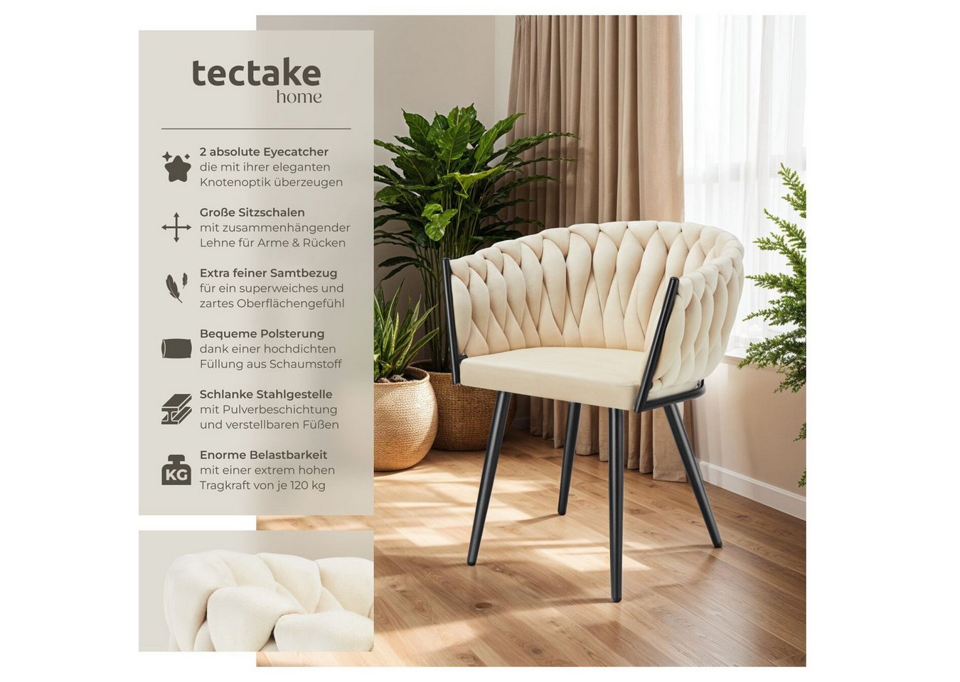 tectake Esszimmerstuhl Samtstuhl gepolstert, mit Samtbezug, Knotendesign, 60,5 x 55 x 75 cm (Wohnzimmerstuhl Astano in Sand, 2 St), Stahlbeine, höhenverstellbar – Bild 2 von 5