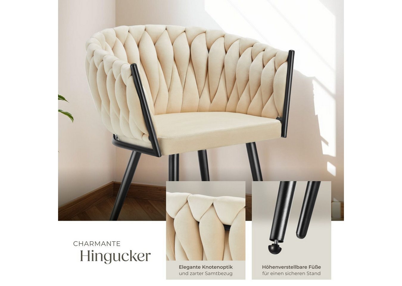tectake Esszimmerstuhl Samtstuhl gepolstert, mit Samtbezug, Knotendesign, 60,5 x 55 x 75 cm (Wohnzimmerstuhl Astano in Sand, 2 St), Stahlbeine, höhenverstellbar – Bild 4 von 5