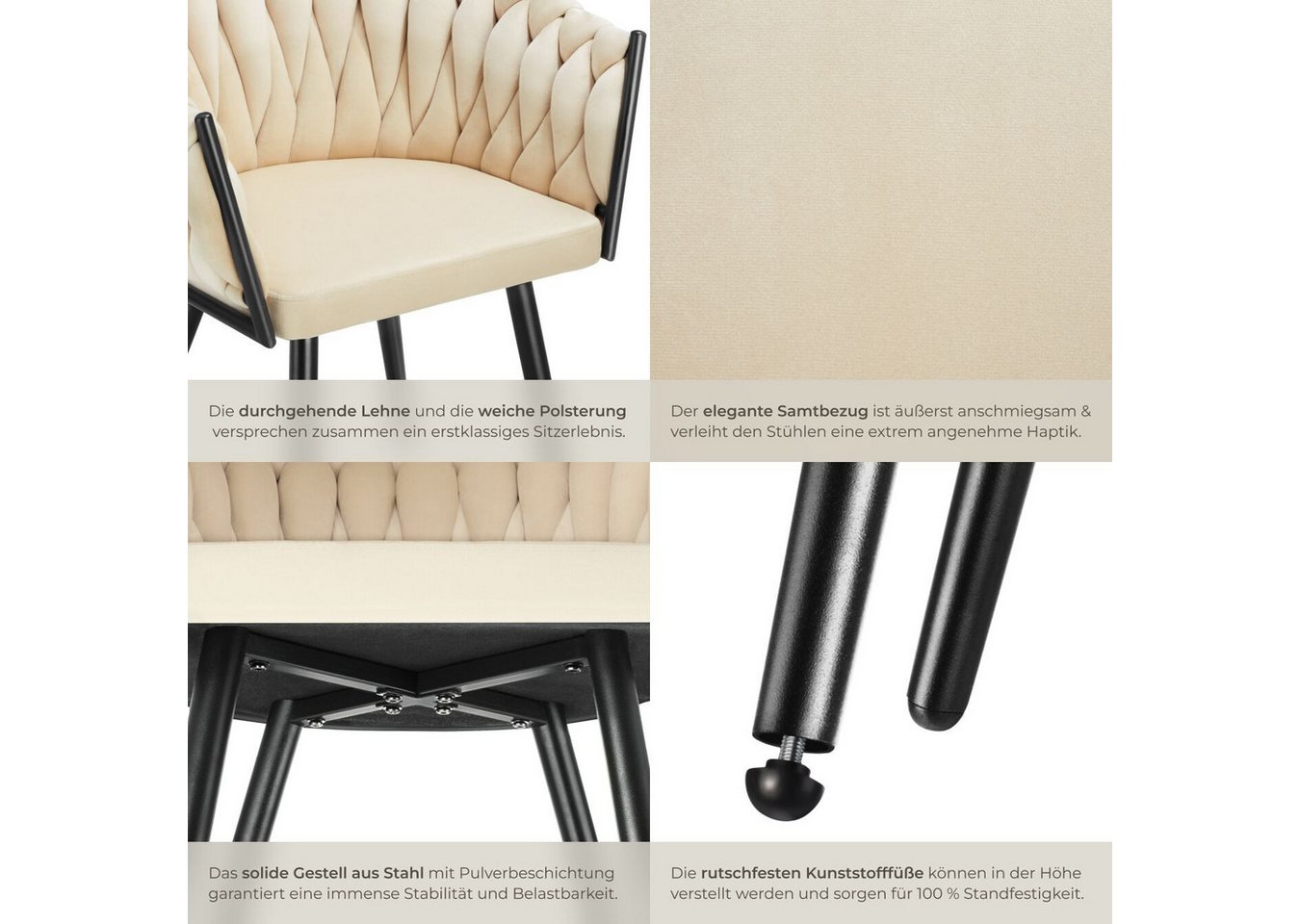 tectake Esszimmerstuhl Samtstuhl gepolstert, mit Samtbezug, Knotendesign, 60,5 x 55 x 75 cm (Wohnzimmerstuhl Astano in Sand, 2 St), Stahlbeine, höhenverstellbar – Bild 5 von 5
