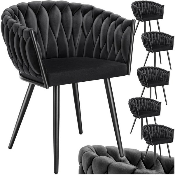 tectake Esszimmerstuhl Samtstuhl gepolstert, mit Samtbezug, Knotendesign, 60,5 x 55 x 75 cm (Polsterstuhl Astano in schwarz, 6 St), Stahlbeine, höhenverstellbar