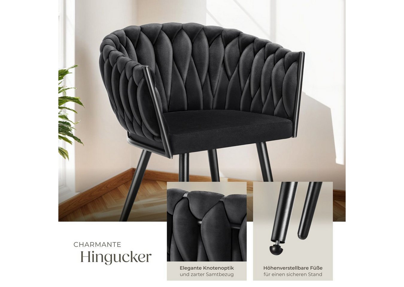 tectake Esszimmerstuhl Samtstuhl gepolstert, mit Samtbezug, Knotendesign, 60,5 x 55 x 75 cm (Polsterstuhl Astano in schwarz, 6 St), Stahlbeine, höhenverstellbar – Bild 4 von 5
