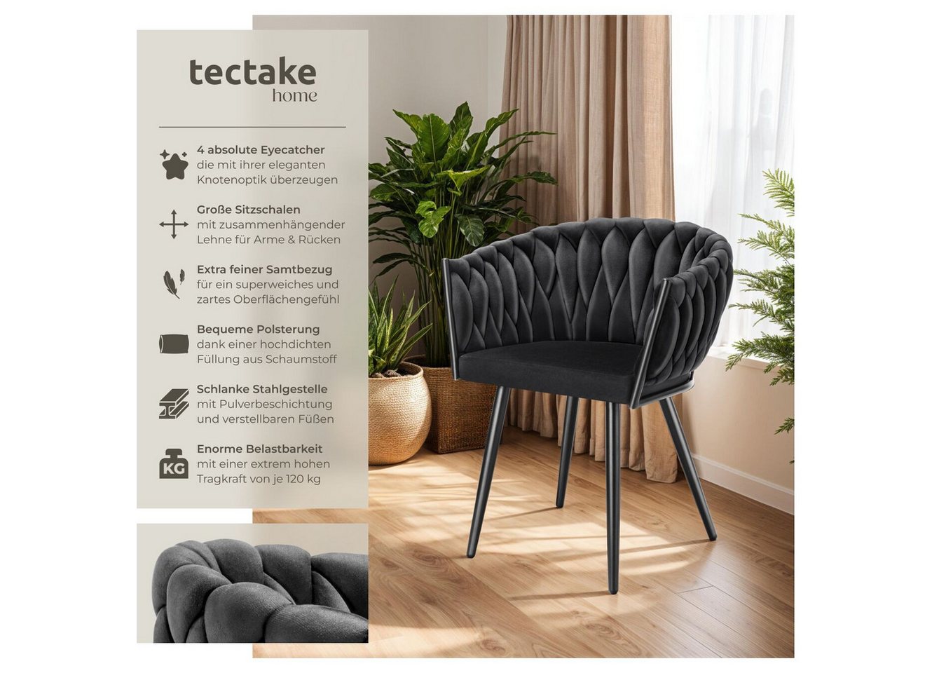 tectake Esszimmerstuhl Samtstuhl gepolstert, mit Samtbezug, Knotendesign, 60,5 x 55 x 75 cm (Polsterstuhl Astano in schwarz, 4 St), Stahlbeine, höhenverstellbar – Bild 2 von 5