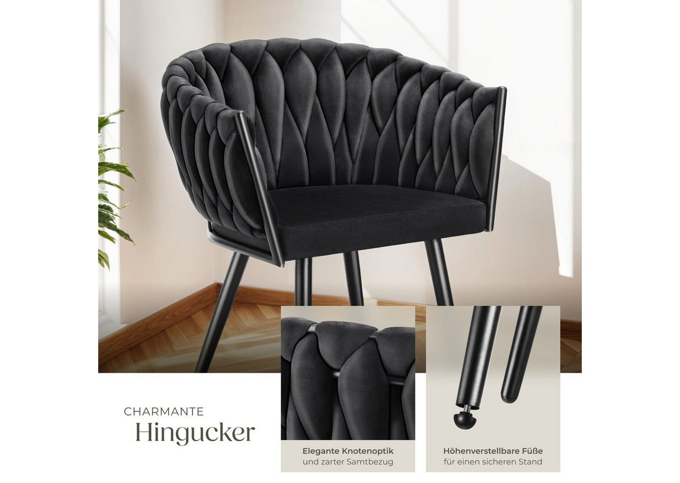 tectake Esszimmerstuhl Samtstuhl gepolstert, mit Samtbezug, Knotendesign, 60,5 x 55 x 75 cm (Polsterstuhl Astano in schwarz, 4 St), Stahlbeine, höhenverstellbar – Bild 4 von 5