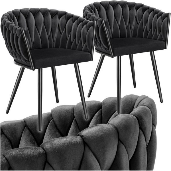tectake Esszimmerstuhl Samtstuhl gepolstert, mit Samtbezug, Knotendesign, 60,5 x 55 x 75 cm (Wohnzimmerstuhl Astano in schwarz, 2 St), Stahlbeine, höhenverstell