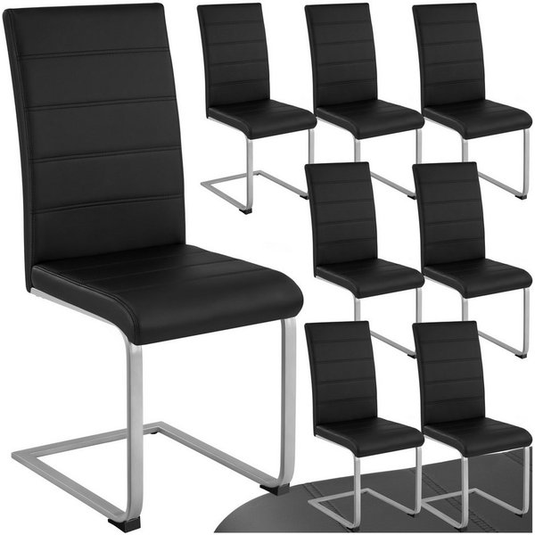 tectake Esszimmerstuhl Schwingstuhl gepolstert mit Kunstlederbezug, 41 x 52 x 99 cm (Küchenstuhl Bettina in schwarz, 8 St), hohe Rückenlehne, flaches Stahlgeste
