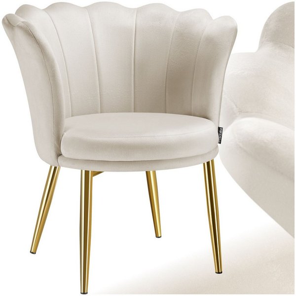 tectake Esszimmerstuhl Sessel dick gepolstert, mit Samtbezug oder Kunstfell, 67 x 64 x 76 (Wohnzimmersessel Stella in Samtoptik creme/gold, 1 St), gewölbte, ext