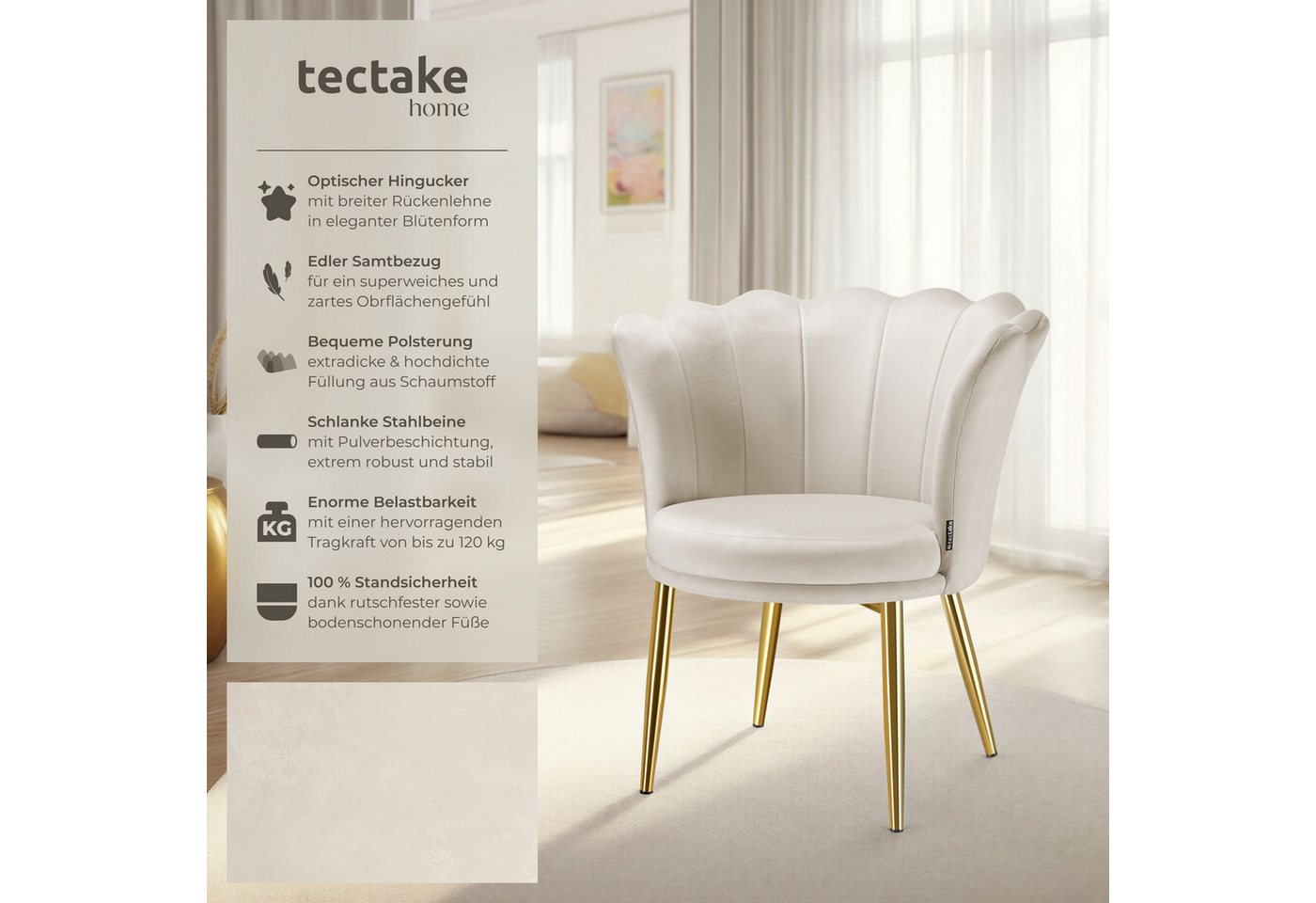 tectake Esszimmerstuhl Sessel dick gepolstert, mit Samtbezug oder Kunstfell, 67 x 64 x 76 (Wohnzimmersessel Stella in Samtoptik creme/gold, 1 St), gewölbte, ext – Bild 2 von 5