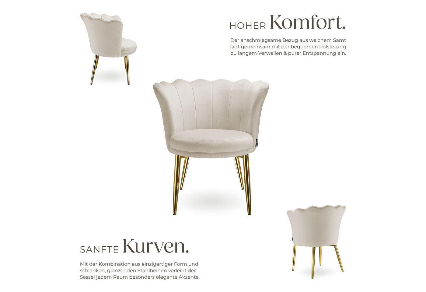 tectake Esszimmerstuhl Sessel dick gepolstert, mit Samtbezug oder Kunstfell, 67 x 64 x 76 (Wohnzimmersessel Stella in Samtoptik creme/gold, 1 St), gewölbte, ext – Bild 3 von 5