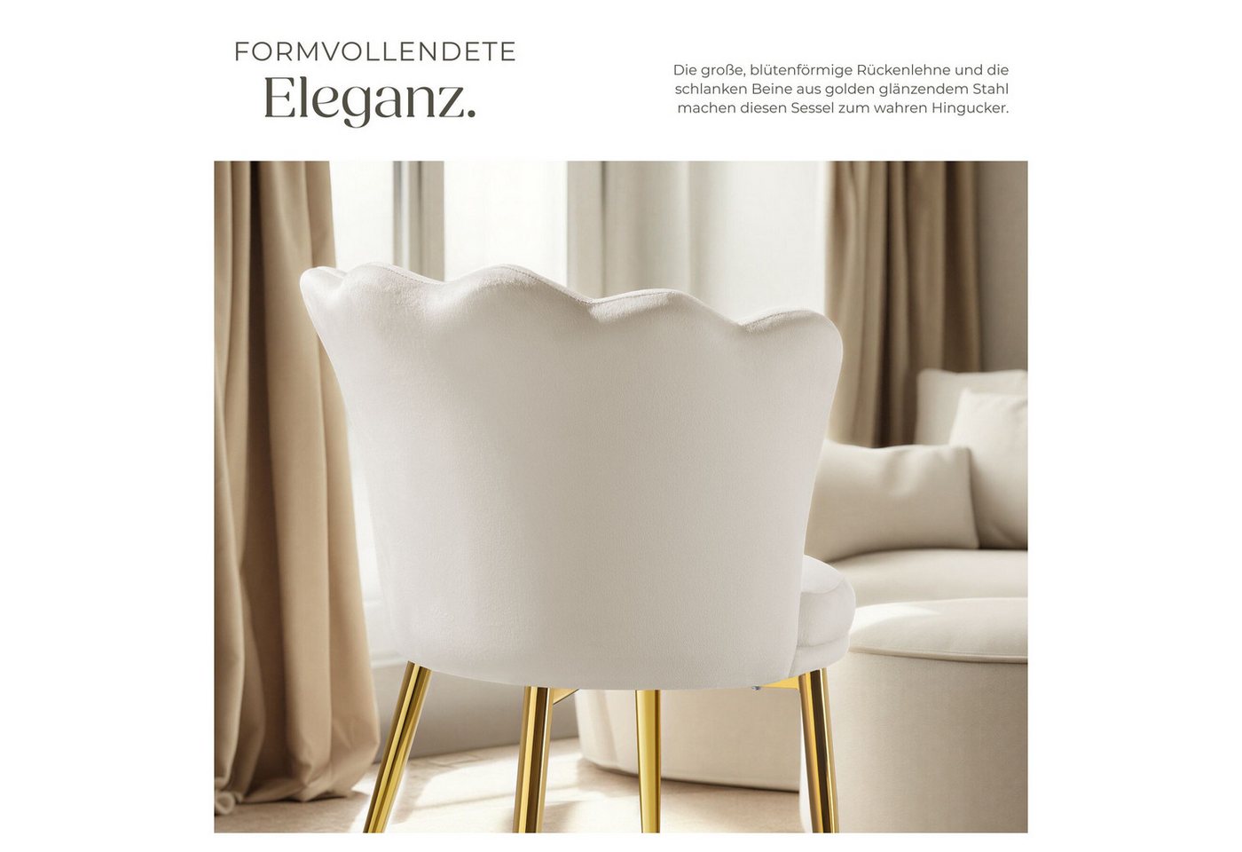 tectake Esszimmerstuhl Sessel dick gepolstert, mit Samtbezug oder Kunstfell, 67 x 64 x 76 (Wohnzimmersessel Stella in Samtoptik creme/gold, 1 St), gewölbte, ext – Bild 4 von 5