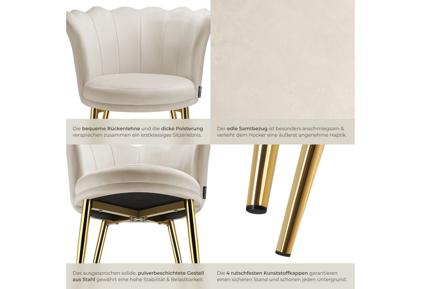 tectake Esszimmerstuhl Sessel dick gepolstert, mit Samtbezug oder Kunstfell, 67 x 64 x 76 (Wohnzimmersessel Stella in Samtoptik creme/gold, 1 St), gewölbte, ext – Bild 5 von 5