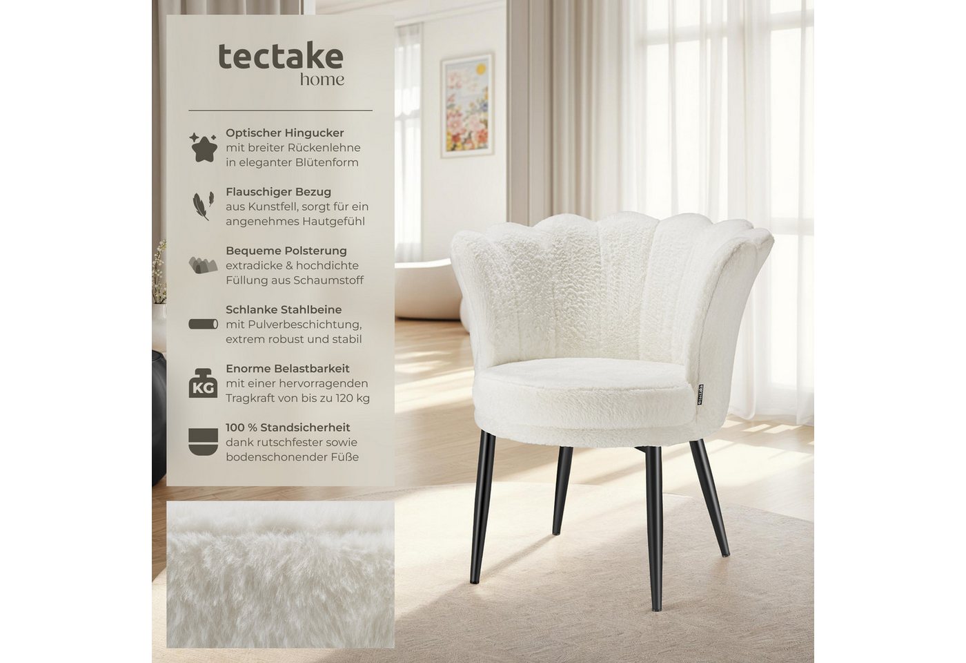 tectake Esszimmerstuhl Sessel dick gepolstert, mit Samtbezug oder Kunstfell, 67 x 64 x 76 (Wohnzimmersessel Stella in Kunstfell creme/schwarz, 1 St), gewölbte,  – Bild 2 von 5