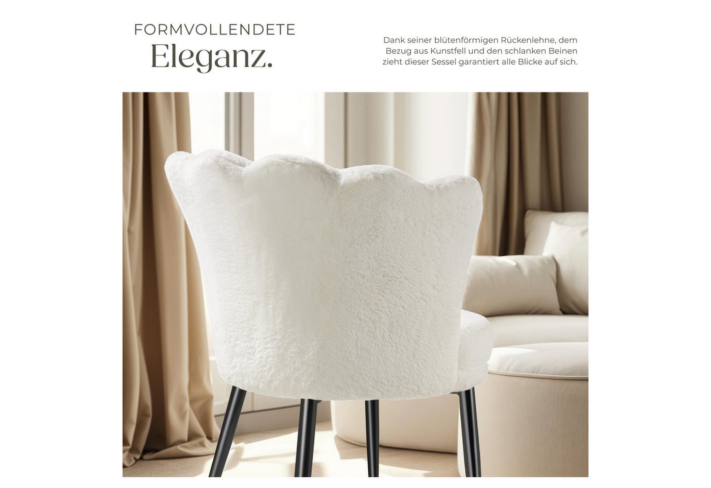 tectake Esszimmerstuhl Sessel dick gepolstert, mit Samtbezug oder Kunstfell, 67 x 64 x 76 (Wohnzimmersessel Stella in Kunstfell creme/schwarz, 1 St), gewölbte,  – Bild 4 von 5