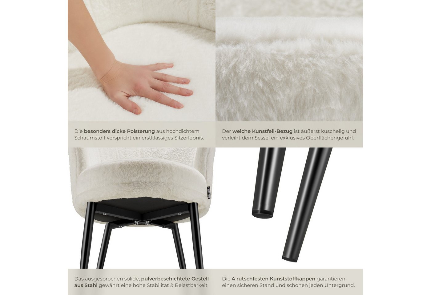 tectake Esszimmerstuhl Sessel dick gepolstert, mit Samtbezug oder Kunstfell, 67 x 64 x 76 (Wohnzimmersessel Stella in Kunstfell creme/schwarz, 1 St), gewölbte,  – Bild 5 von 5