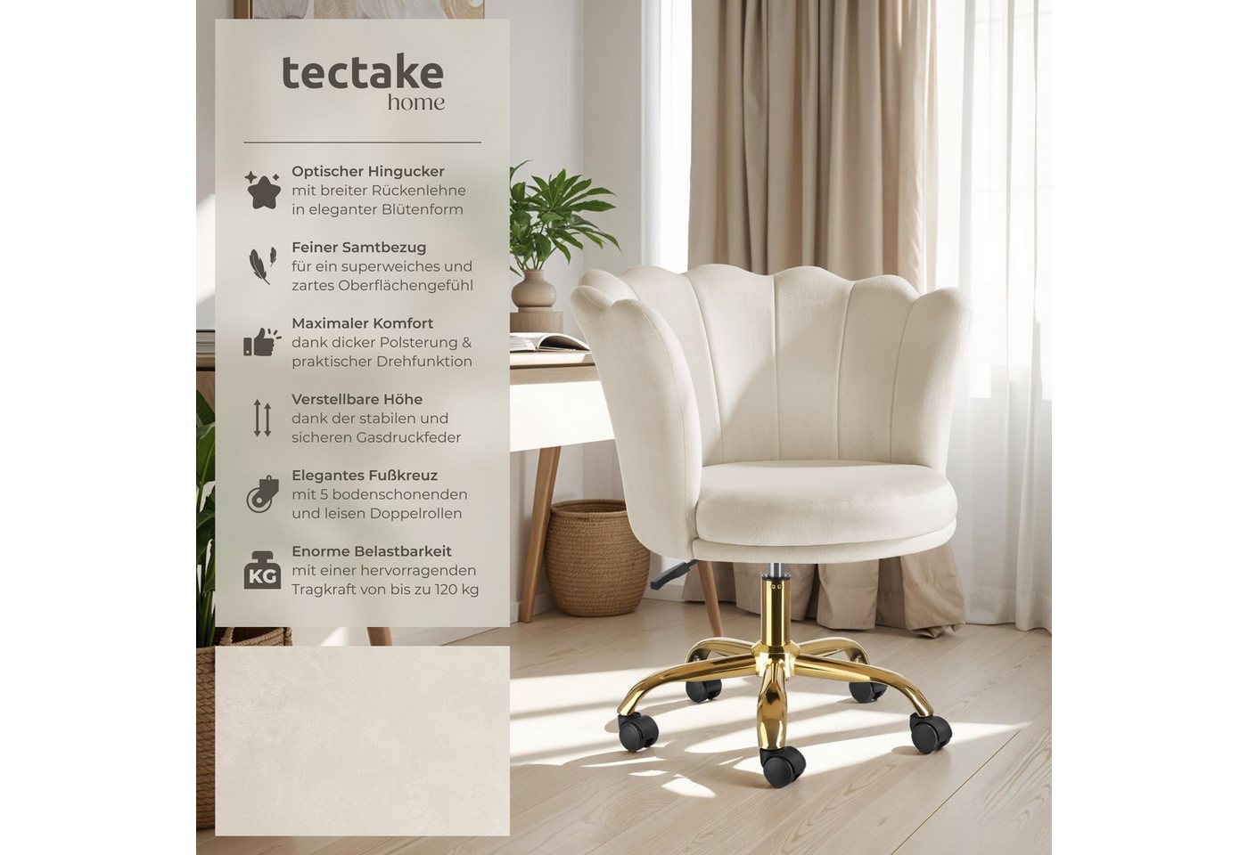 tectake Esszimmerstuhl Sessel dick gepolstert, mit Samtbezug, 67 x 64 x 76 cm (Wohnzimmersessel Stella in creme/gold, 1 St), gewölbte, extrabreite Rückenlehne,  – Bild 2 von 5