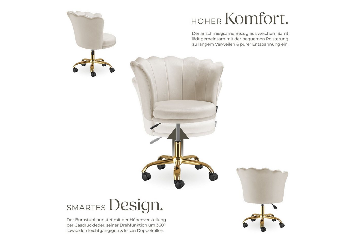 tectake Esszimmerstuhl Sessel dick gepolstert, mit Samtbezug, 67 x 64 x 76 cm (Wohnzimmersessel Stella in creme/gold, 1 St), gewölbte, extrabreite Rückenlehne,  – Bild 3 von 5