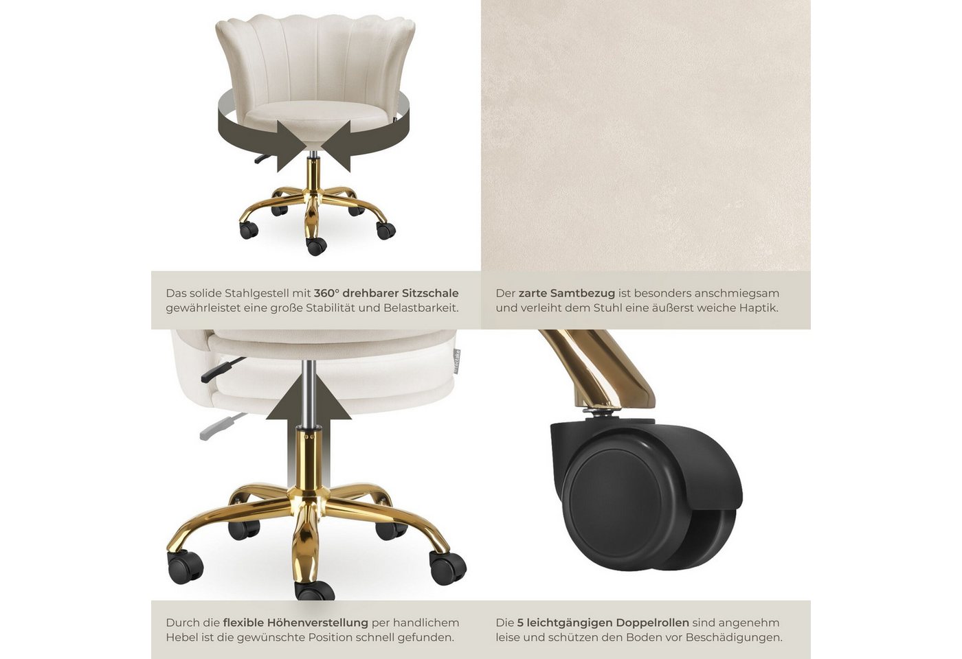 tectake Esszimmerstuhl Sessel dick gepolstert, mit Samtbezug, 67 x 64 x 76 cm (Wohnzimmersessel Stella in creme/gold, 1 St), gewölbte, extrabreite Rückenlehne,  – Bild 5 von 5