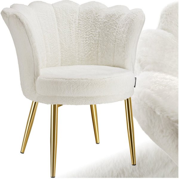 tectake Esszimmerstuhl Sessel dick gepolstert, mit Samtbezug oder Kunstfell, 67 x 64 x 76 (Wohnzimmersessel Stella in Kunstfell creme/gold, 1 St), gewölbte, ext