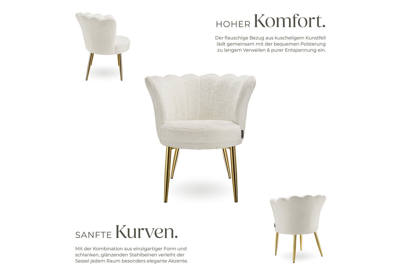 tectake Esszimmerstuhl Sessel dick gepolstert, mit Samtbezug oder Kunstfell, 67 x 64 x 76 (Wohnzimmersessel Stella in Kunstfell creme/gold, 1 St), gewölbte, ext – Bild 3 von 5