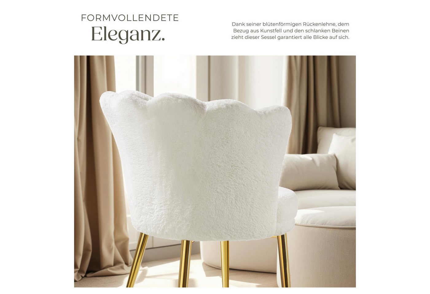 tectake Esszimmerstuhl Sessel dick gepolstert, mit Samtbezug oder Kunstfell, 67 x 64 x 76 (Wohnzimmersessel Stella in Kunstfell creme/gold, 1 St), gewölbte, ext – Bild 4 von 5