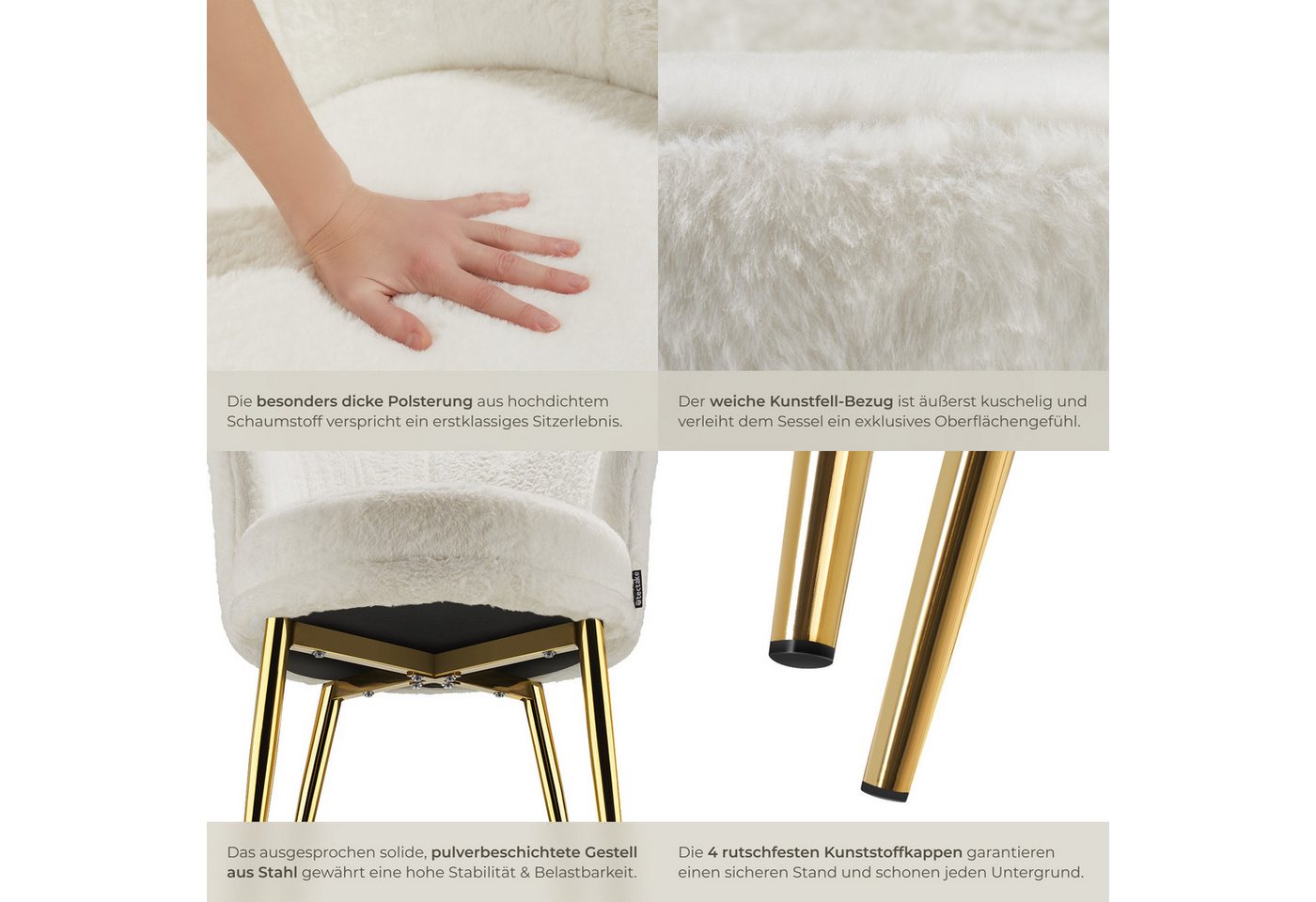 tectake Esszimmerstuhl Sessel dick gepolstert, mit Samtbezug oder Kunstfell, 67 x 64 x 76 (Wohnzimmersessel Stella in Kunstfell creme/gold, 1 St), gewölbte, ext – Bild 5 von 5