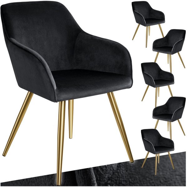 tectake Esszimmerstuhl Wohnzimmerstuhl gepolstert, in Samtoptik, 58 x 62 x 82 cm (Küchenstuhl Marilyn in schwarz/gold, 6 St), durchgehende Lehne, goldene Stahlb