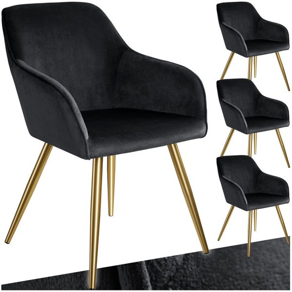 tectake Esszimmerstuhl Wohnzimmerstuhl gepolstert, in Samtoptik, 58 x 62 x 82 cm (Küchenstuhl Marilyn in schwarz/gold, 4 St), durchgehende Lehne, goldene Stahlb