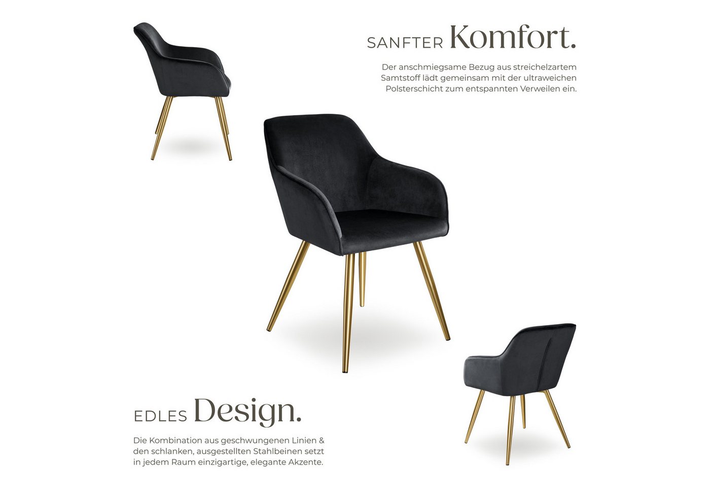 tectake Esszimmerstuhl Wohnzimmerstuhl gepolstert, in Samtoptik, 58 x 62 x 82 cm (Küchenstuhl Marilyn in schwarz/gold, 4 St), durchgehende Lehne, goldene Stahlb – Bild 3 von 5